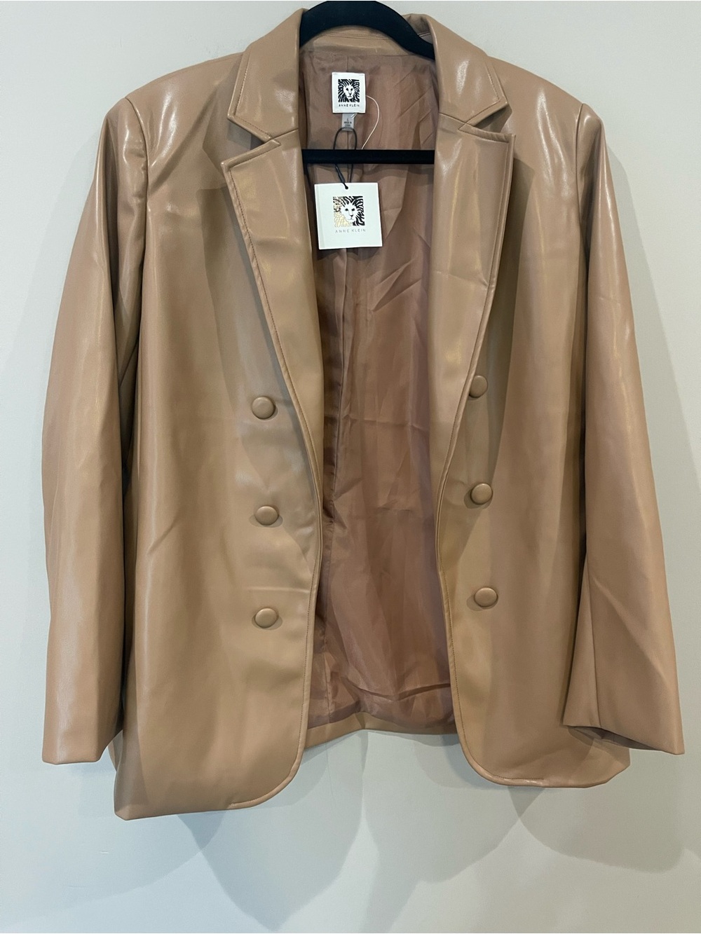 Anne Klein Camel Faux Leather Double-Button Blazer